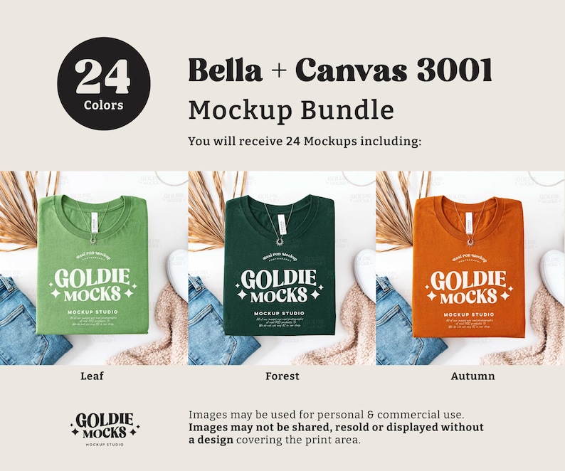 May include: Mockup of a Bella + Canvas 3001 t-shirt in three colors: leaf, forest, and autumn. The t-shirt is folded and laid flat on a white surface. The image includes the text "Goldie Mocks" and "Mockup Studio".