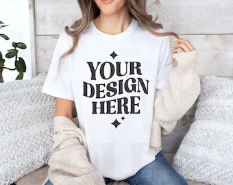 Bella Canvas 3001 White Tshirt Mockup | 3001 White T-shirt Mock-up | Real Model Mock | Simple Aesthetic Cozy White Bella Canvas Shirt Mock