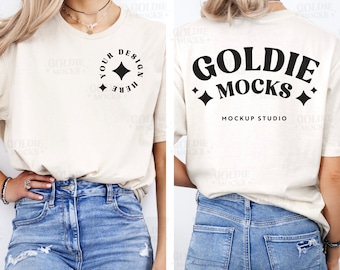Gildan 64000 Natural Tshirt Front & Back Mockup | G640 Natural T-shirt Front Back Mock-up | Real Model Mock Split View Minimal Trendy Shirt