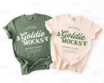 Maqueta de camiseta Comfort Colors C1717 en marfil y musgo / Maqueta de camiseta doble 1717 en marfil y verde musgo / Camiseta minimalista con diseño plano y diseño neutro