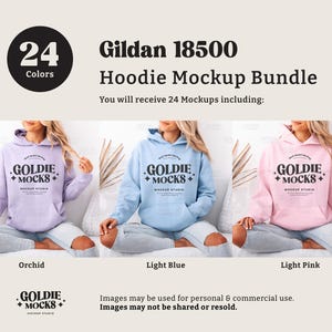Puede incluir: Un paquete de maquetas de 24 sudaderas con capucha Gildan 18500 en varios colores. La imagen muestra tres sudaderas con capucha: orqu&iacute;dea, azul claro y rosa claro. Cada sudadera con capucha tiene el texto "GOLDIE +MOCKS+ MOCKUP STUDIO" impreso en la parte delantera.