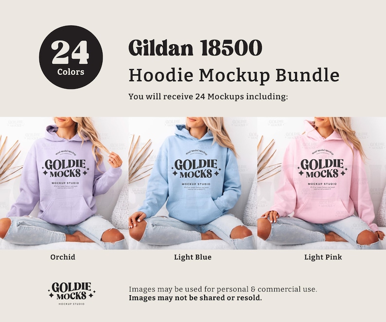 Puede incluir: Un paquete de maquetas de 24 sudaderas con capucha Gildan 18500 en varios colores. La imagen muestra tres sudaderas con capucha: orqu&iacute;dea, azul claro y rosa claro. Cada sudadera con capucha tiene el texto "GOLDIE +MOCKS+ MOCKUP STUDIO" impreso en la parte delantera.