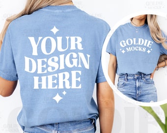 Comfort Colors C1717 Washed Denim Shirt Front & Back Mockup | 1717 Blue T-shirt Front Back Split View Mock-up | Real Model Mock | Minimal