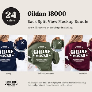 May include: Mockup bundle of 24 Gildan 18000 sweatshirts in various colors. The sweatshirts are shown from the back with a split view, showcasing the back design. The design features the text "Goldie Mocks" with a diamond pattern and the words "Mockup Studio". The colors shown are navy, military green, and maroon.