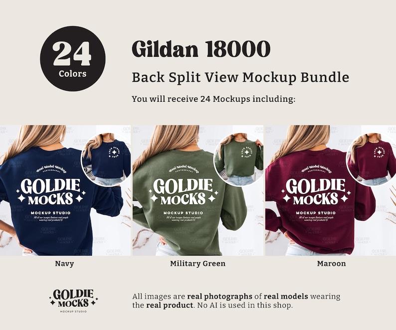 May include: Mockup bundle of 24 Gildan 18000 sweatshirts in various colors. The sweatshirts are shown from the back with a split view, showcasing the back design. The design features the text "Goldie Mocks" with a diamond pattern and the words "Mockup Studio". The colors shown are navy, military green, and maroon.