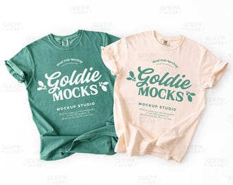 Maqueta de camiseta de grupo Comfort Colors C1717 marfil y verde claro / Maqueta de camiseta doble verde marfil 1717 / Camiseta plana con estética neutra minimalista