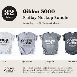 Puede incluir: Un paquete de maquetas de camisetas Gildan 5000 en flatlay, que incluye 32 camisetas de diferentes colores, entre ellos ceniza, gris deportivo, grafito y gris oscuro. Las camisetas est&aacute;n dispuestas sobre un fondo blanco con el texto "Gildan 5000 Flatlay Mockup Bundle" y "You will receive 32 Mockups including:" encima.