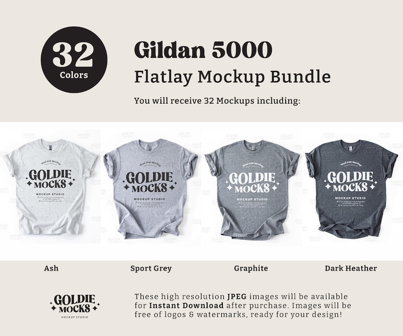 Puede incluir: Un paquete de maquetas de camisetas Gildan 5000 en flatlay, que incluye 32 camisetas de diferentes colores, entre ellos ceniza, gris deportivo, grafito y gris oscuro. Las camisetas est&aacute;n dispuestas sobre un fondo blanco con el texto "Gildan 5000 Flatlay Mockup Bundle" y "You will receive 32 Mockups including:" encima.