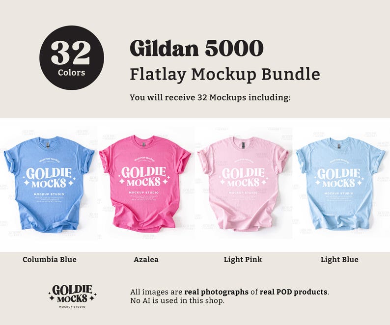 Puede incluir: Un paquete de maquetas de camisetas Gildan 5000 en flatlay, que incluye 32 camisetas de diferentes colores, entre ellos azul Columbia, azalea, rosa claro y azul claro. Las camisetas est&aacute;n dispuestas sobre una superficie blanca y presentan el texto "Goldie + Mocks + Mockup Studio" impreso en la parte delantera.