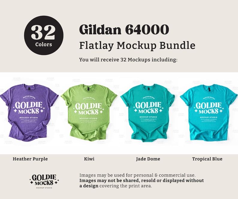 Op de afbeelding: Een flatlay mockup-bundel met 32 Gildan 64000 T-shirts in verschillende kleuren. De T-shirts liggen op een wit oppervlak. De getoonde kleuren zijn heidepaars, kiwi, jade dome en tropisch blauw. De tekst "GOLDIE MOCKS" is op elk T-shirt gedrukt.