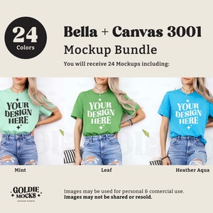 May include: Mockup of a Bella + Canvas 3001 t-shirt in three colors: mint, leaf, and heather aqua. The t-shirt is a short-sleeved crew neck style with the text "YOUR DESIGN HERE" printed on the front.