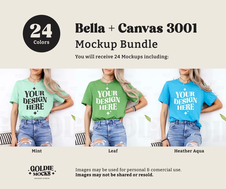 May include: Mockup of a Bella + Canvas 3001 t-shirt in three colors: mint, leaf, and heather aqua. The t-shirt is a short-sleeved crew neck style with the text "YOUR DESIGN HERE" printed on the front.