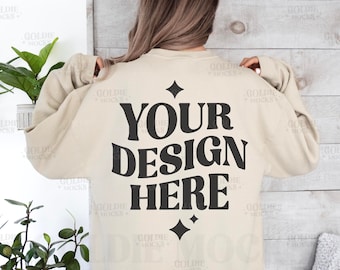 Gildan 18000 Sand Sweatshirt Back Mockup | Back of G180 Sand Crewneck Mockup | Model | Gildan 18000 Back View | Beige Tan | Simple Mock