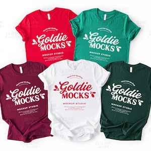 Bella Canvas 3001 Gruppe Shirt Mockup | BC 3001 Weiß Rot Kastanienbraun Wald Kelly Green Tshirt Mock-up | Trendige bunte Weihnachtsgruppe Flatlay