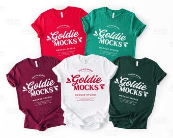 Bella Canvas 3001 Group Shirt Mockup | BC 3001 White Red Maroon Forest Kelly Green Tshirt Mock-up | Trendy Colorful Christmas Group Flatlay