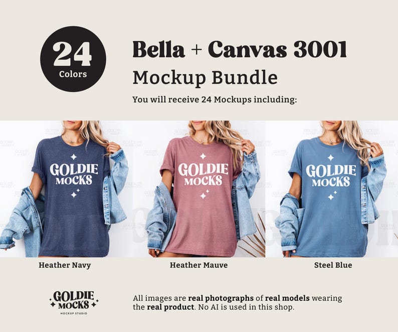 Puede incluir: Tres mujeres vistiendo camisetas de diferentes colores con el texto "Goldie Mocks" impreso en la parte delantera. Las camisetas son azul marino jaspeado, malva jaspeado y azul acero. Las mujeres llevan chaquetas vaqueras y est&aacute;n de pie frente a un fondo de madera.