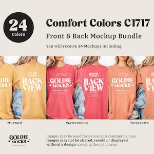 May include: A mockup bundle featuring Comfort Colors C1717 t-shirts in various colors, including mustard, watermelon, and terracotta. The image displays both front and back views of the shirts, with the text "GOLDIE MOCKS" and "BACK VIEW" visible.