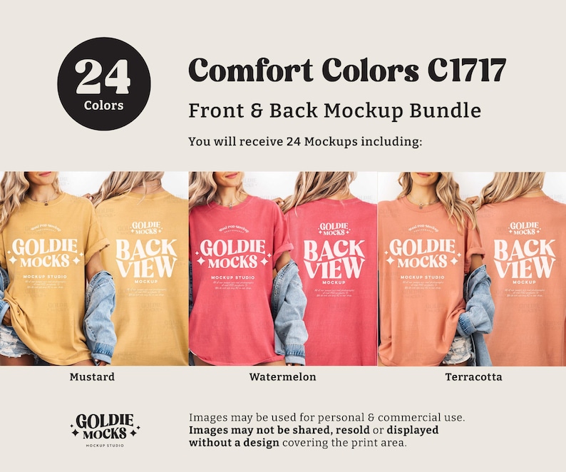 May include: A mockup bundle featuring Comfort Colors C1717 t-shirts in various colors, including mustard, watermelon, and terracotta. The image displays both front and back views of the shirts, with the text "GOLDIE MOCKS" and "BACK VIEW" visible.