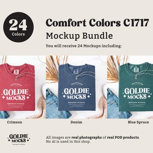 May include: A mockup bundle of 24 Comfort Colors C1717 t-shirts in various colors, including crimson, denim, and blue spruce. The shirts are laid flat on a surface with a white background. The text "GOLDIE +MOCKS+ MOCKUP STUDIO" is printed on each shirt.