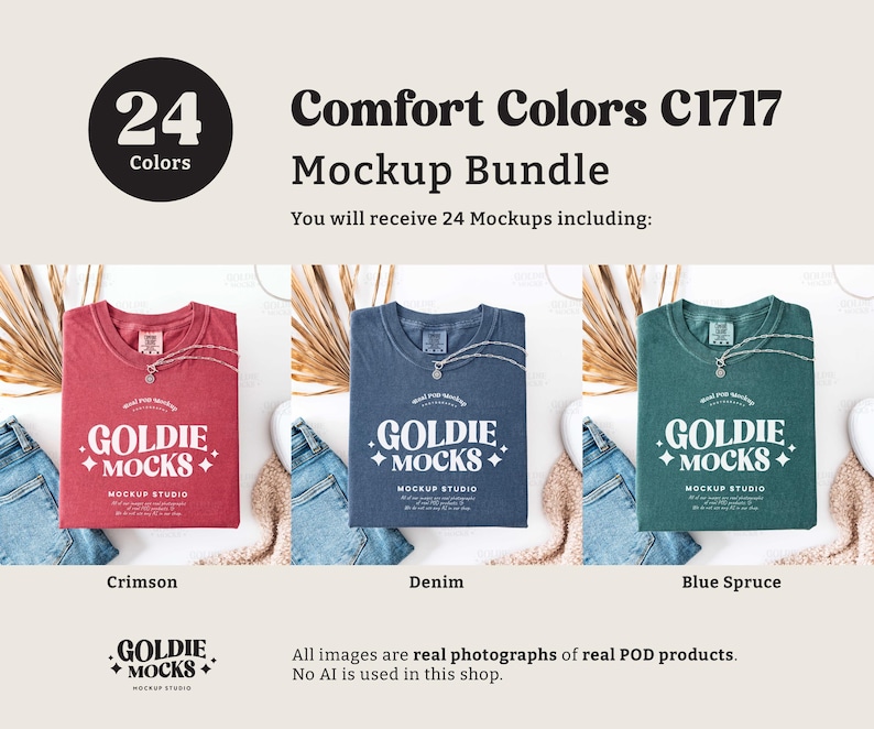 May include: A mockup bundle of 24 Comfort Colors C1717 t-shirts in various colors, including crimson, denim, and blue spruce. The shirts are laid flat on a surface with a white background. The text "GOLDIE +MOCKS+ MOCKUP STUDIO" is printed on each shirt.