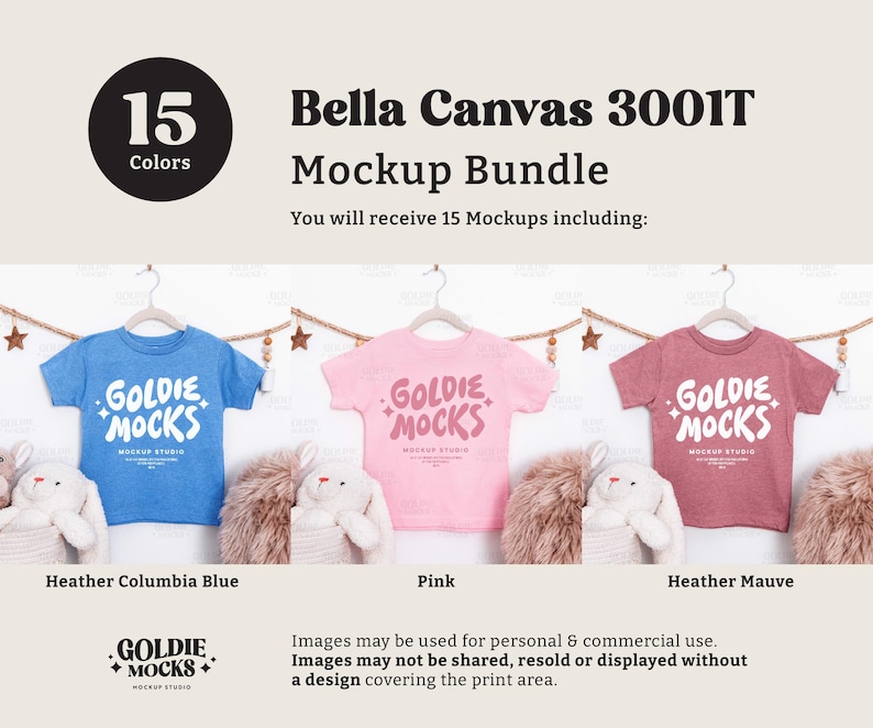 May include: A mockup bundle featuring three Bella Canvas 3001T t-shirts in blue, pink, and mauve, each with the "Goldie Mocks" logo. The image includes the text "15 Colors" and "Mockup Bundle".