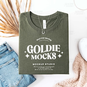 Bella Canvas 3001 Military Green Shirt Flat Lay Mockup | BC 3001 Green Folded Tshirt Mock-up | Real Product Mock | Boho Flatlay Aesthetic