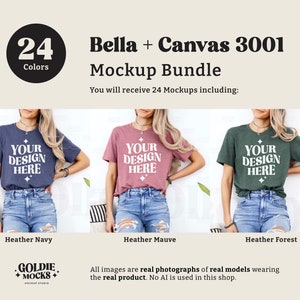 May include: Mockup bundle of 24 Bella + Canvas 3001 t-shirts in three colors: heather navy, heather mauve, and heather forest. The t-shirts are shown on models wearing jeans. The text "Your Design Here" is printed on the front of each t-shirt.