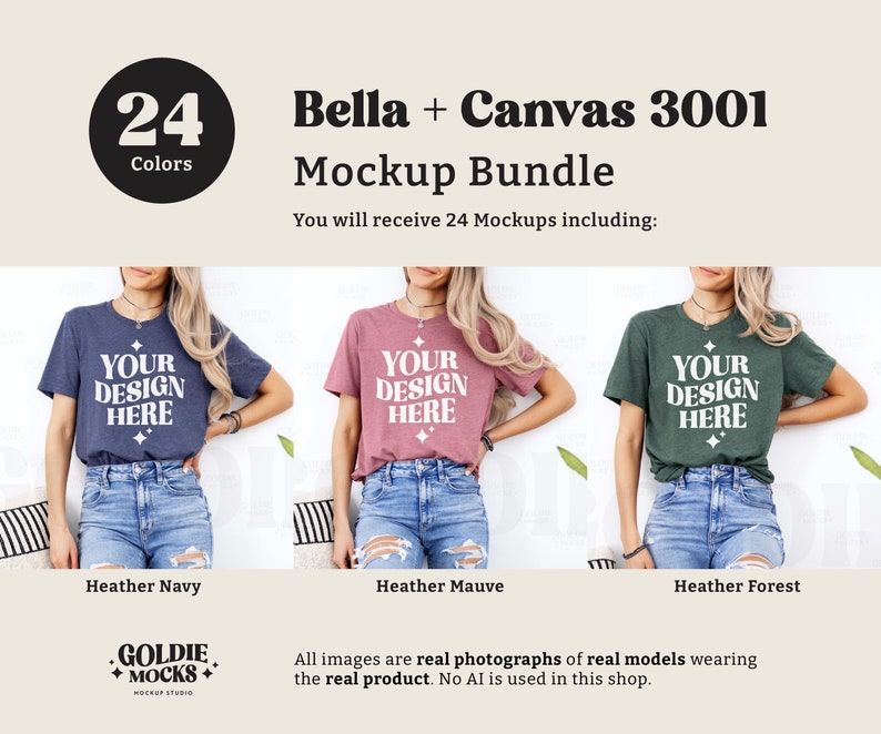 May include: Mockup bundle of 24 Bella + Canvas 3001 t-shirts in three colors: heather navy, heather mauve, and heather forest. The t-shirts are shown on models wearing jeans. The text "Your Design Here" is printed on the front of each t-shirt.