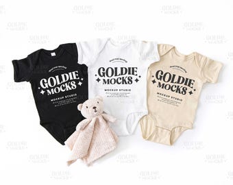 Rabbit Skins 4400 Group Baby Bodysuit Mockup | 4400 Black White Natural Baby Flatlay Mockup | Real Product Mock | Cozy Neutral Aesthetic