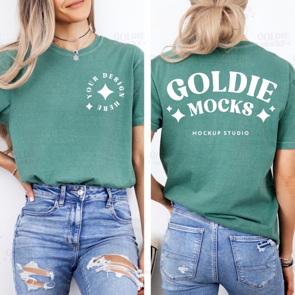 Comfort Colors C1717 Light Green Shirt Front & Back Mockup | 1717 Green T-shirt Front Back Split Mock-up | Trendy Minimal Real Model Mock