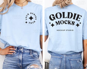 Gildan 64000 Light Blue Tshirt Front & Back Mockup | G640 Blue T-shirt Front Back Mock-up | Real Model Mock | Split View Minimal Tee Shirt