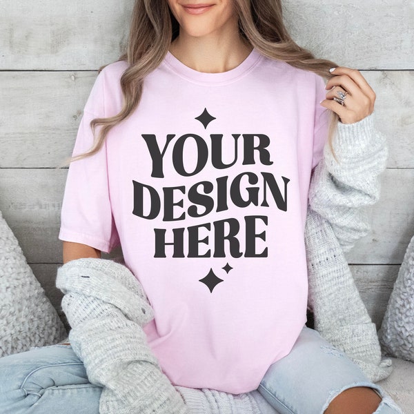 Comfort Colors C1717 Blossom Shirt Mockup | Light Pink T-shirt Mockup | Real Model | CC Blossom | Simple Oversized Pink Cozy Minimal Mock