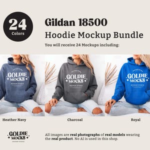 Puede incluir: Un paquete de maquetas de 24 sudaderas con capucha Gildan 18500 en varios colores. Las sudaderas con capucha se muestran en modelos que las llevan puestas. El texto "GOLDIE + MOCKS" est&aacute; en la parte delantera de las sudaderas con capucha. Los colores que se muestran son Heather Navy, Charcoal y Royal.