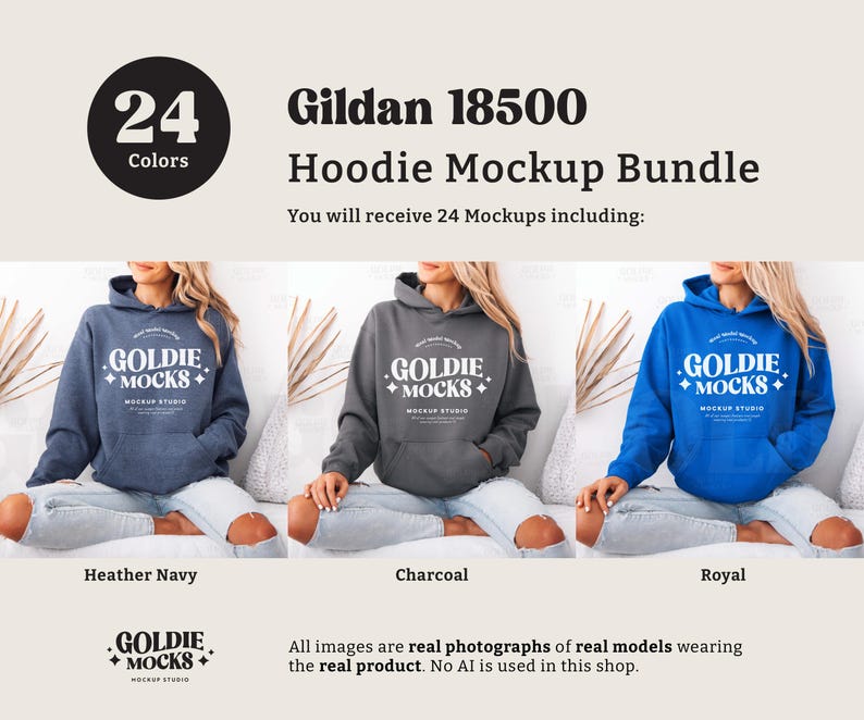 Puede incluir: Un paquete de maquetas de 24 sudaderas con capucha Gildan 18500 en varios colores. Las sudaderas con capucha se muestran en modelos que las llevan puestas. El texto "GOLDIE + MOCKS" est&aacute; en la parte delantera de las sudaderas con capucha. Los colores que se muestran son Heather Navy, Charcoal y Royal.
