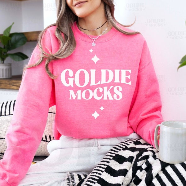 Gildan 18000 Safety Pink Sweatshirt Mockup | G180 Bright Pink Crewneck Mockup | Model Mock | Gildan 180 Pink Sweater | Cute Cozy Aesthetic