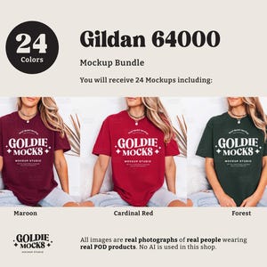 May include: A mockup bundle featuring Gildan 64000 t-shirts in three colors: maroon, cardinal red, and forest green. The image includes the text "GOLDIE MOCKS MOCKUP STUDIO" on the shirts and the text "24 Colors" in a circle.