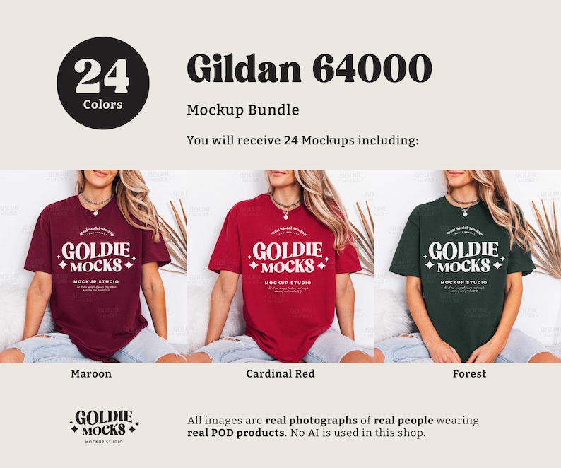 May include: A mockup bundle featuring Gildan 64000 t-shirts in three colors: maroon, cardinal red, and forest green. The image includes the text "GOLDIE MOCKS MOCKUP STUDIO" on the shirts and the text "24 Colors" in a circle.