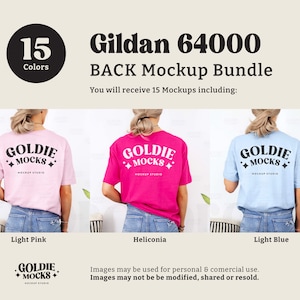 May include: A mockup bundle of 15 Gildan 64000 t-shirts in various colours. The t-shirts are shown on models from the back, with the text "Goldie Mocks" printed on the back.