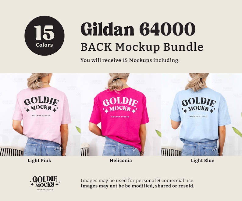 May include: A mockup bundle of 15 Gildan 64000 t-shirts in various colours. The t-shirts are shown on models from the back, with the text "Goldie Mocks" printed on the back.