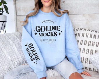 Gildan 18000 Light Blue Sweatshirt Sleeve Mockup | G180 Blue Crewneck Sleeve Mock-up | Real Model Mock | Cozy Blue Gildan 18000 Arm Mockup