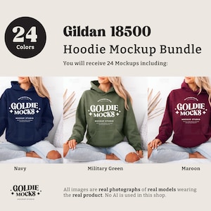 Puede incluir: Un paquete de maquetas de 24 sudaderas con capucha Gildan 18500 en varios colores, incluyendo azul marino, verde militar y granate. Las sudaderas con capucha presentan un logotipo blanco con el texto "GOLDIE + MOCKS".