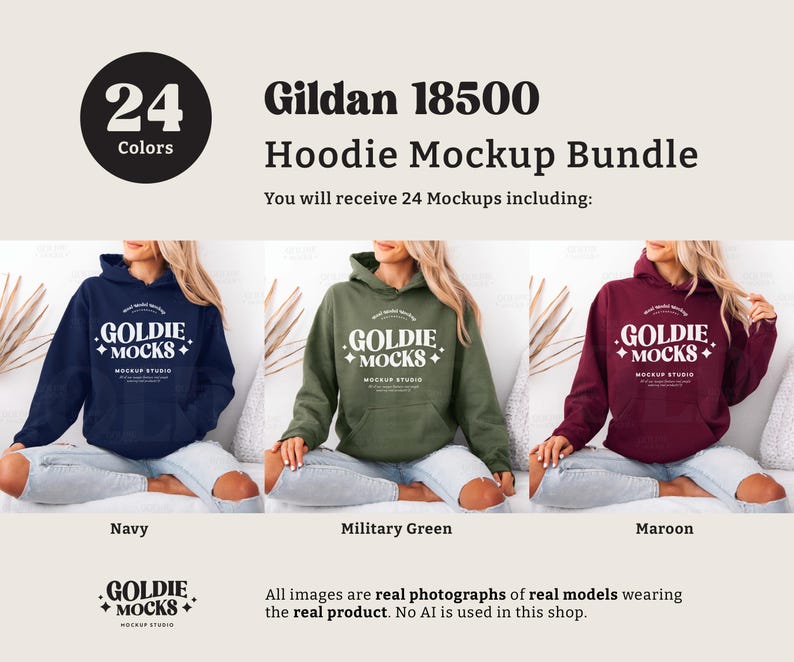 Puede incluir: Un paquete de maquetas de 24 sudaderas con capucha Gildan 18500 en varios colores, incluyendo azul marino, verde militar y granate. Las sudaderas con capucha presentan un logotipo blanco con el texto "GOLDIE + MOCKS".