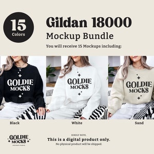 May include: Mockup bundle of 15 Gildan 18000 sweatshirts in various colours. The image shows three models wearing black, white, and sand sweatshirts with the text "Goldie Mocks" printed on the front.
