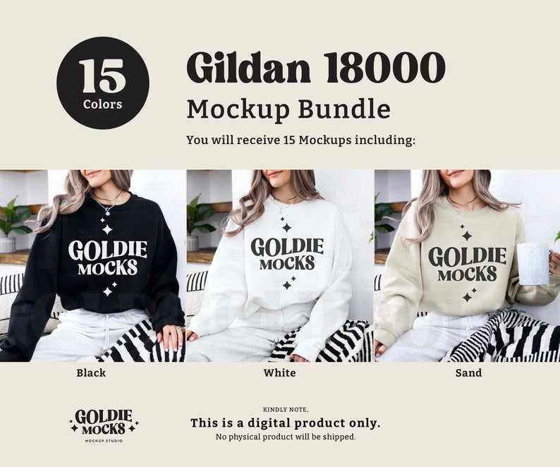 May include: Mockup bundle of 15 Gildan 18000 sweatshirts in various colours. The image shows three models wearing black, white, and sand sweatshirts with the text "Goldie Mocks" printed on the front.