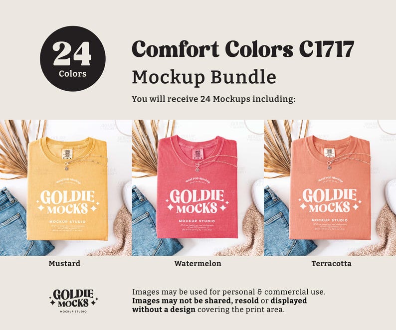 May include: A mockup bundle of 24 t-shirts in various colors, including mustard, watermelon, and terracotta. The t-shirts are folded and laid out on a white surface with a light brown fuzzy surface and blue denim fabric. The t-shirts feature the text "Goldie Mocks" in a white font.