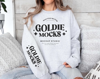 Gildan 18000 Ash Sweatshirt Sleeve Mockup | G180 Light Grey Crewneck Sleeve Mockup | Real Model Gildan Ash Sleeve | Simple Minimal Mock