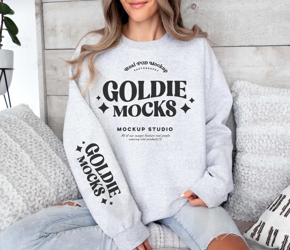 Gildan 18000 Ash Sweatshirt Sleeve Mockup | G180 Light Grey Crewneck Sleeve Mockup | Real Model Gildan Ash Sleeve | Simple Minimal Mock