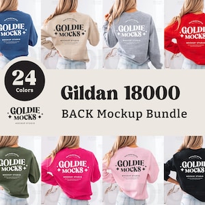 Puede incluir: Un paquete de maquetas de 24 sudaderas Gildan 18000 en varios colores. Las sudaderas se muestran desde la parte posterior con el texto "GOLDIE + MOCKS + MOCKUP STUDIO" impreso en la parte posterior.