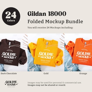 May include: A mockup bundle of 24 Gildan 18000 folded sweatshirts in various colors, including dark chocolate, gold, and orange. The sweatshirts feature a logo with the text "Goldie Mocks" and "Mockup Studio".