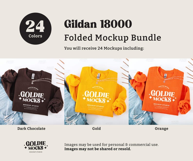 May include: A mockup bundle of 24 Gildan 18000 folded sweatshirts in various colors, including dark chocolate, gold, and orange. The sweatshirts feature a logo with the text "Goldie Mocks" and "Mockup Studio".